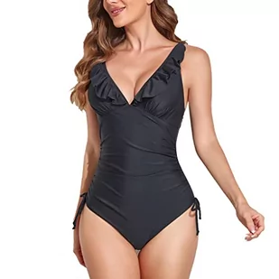 Stroje kąpielowe dla kobiet V-Neck Sexy Marszczący Strój Kąpielowy Jednoczęściowy Kontrola brzucha, B-1 Czarny, XXL - Stroje kąpielowe dla dziewczynek - miniaturka - grafika 1