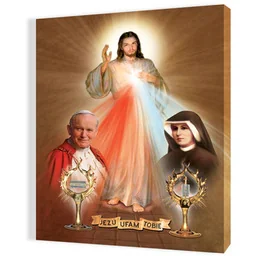 Obraz religijny na płótnie Jezus Miłosierny, Papież Święty Jan Paweł II i Święta Siostra Faustyna relikwia - Ikony i obrazy sakralne - miniaturka - grafika 1