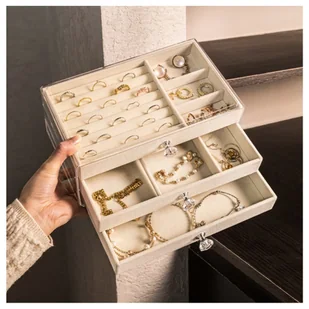 Szkatułka na biżuterię, kuferek transparentny welurowy krem Diamonds 3 szuflady PD152K - Pudełka i szkatułki - miniaturka - grafika 2