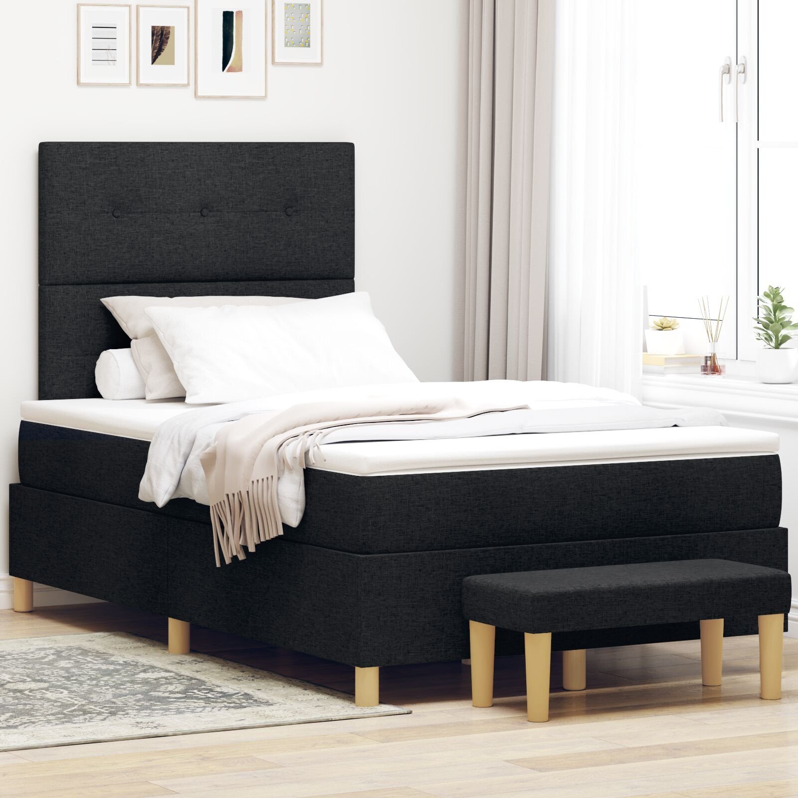 Łóżko Box Spring z materacem i ławą Czarny 120x200 cm Tkanina