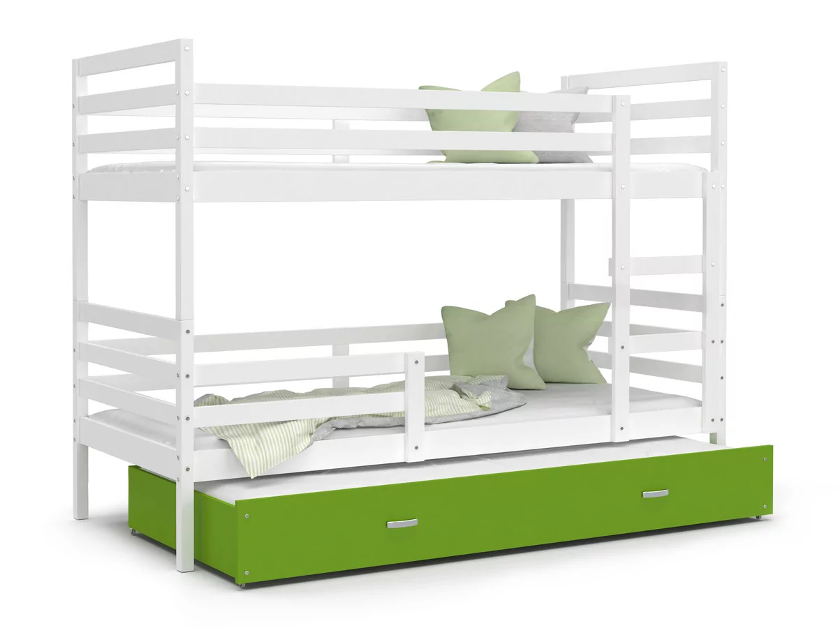 Łóżko piętrowe 200x90 białe zielone JACEK 3-osobowe