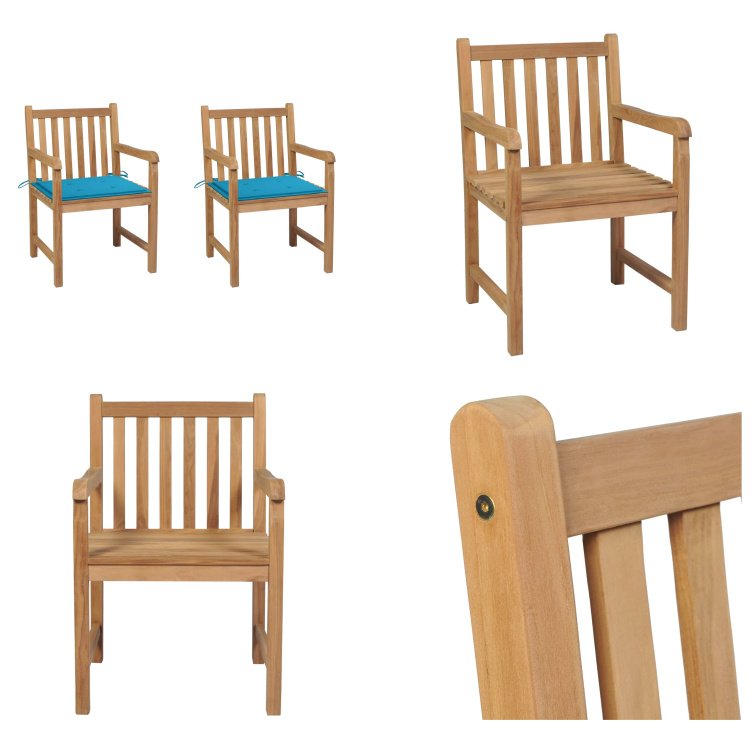 vidaXL Krzesła ogrodowe 2 szt. z niebieskimi poduszkami z litego drewna tekowego - krzesło ogrodowe - krzesła ogrodowe - fotel ogrodowy - krzesło drewniane