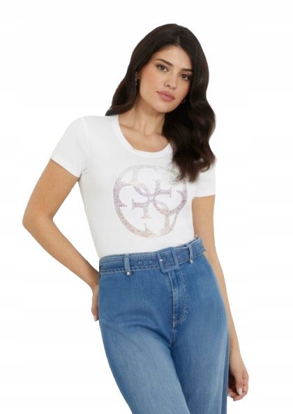 GUESS BIAŁY T-SHIRT DAMSKI Z BAWEŁNY Z OZDOBNYM NADRUKIEM XS GNA