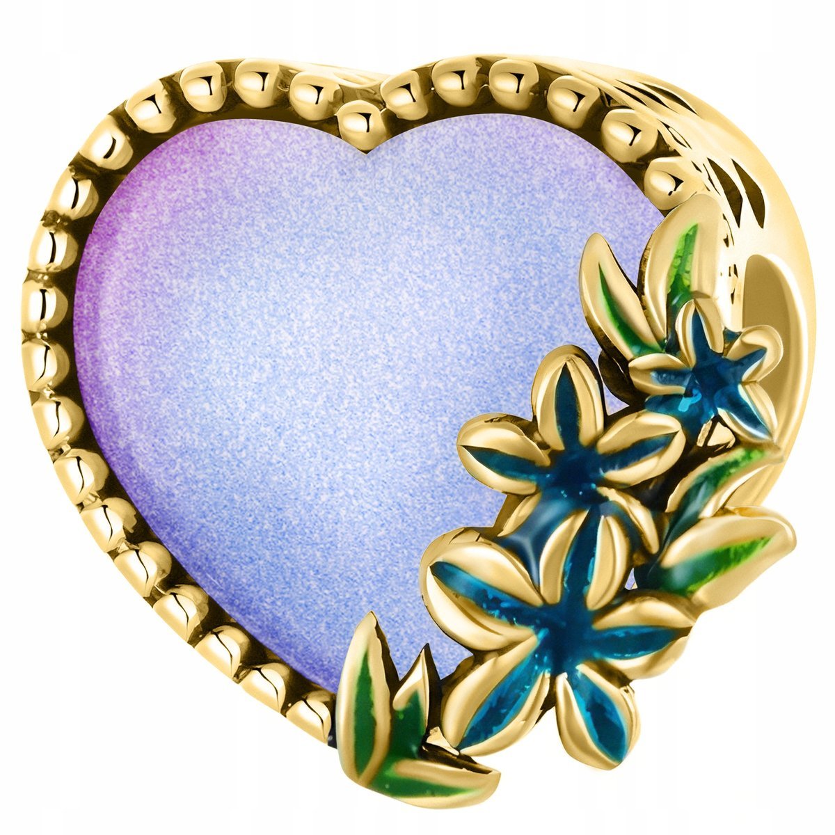 Złoty Charms Brokatowe Lśniące Serce z Kwiatami Serduszko SREBRO 925