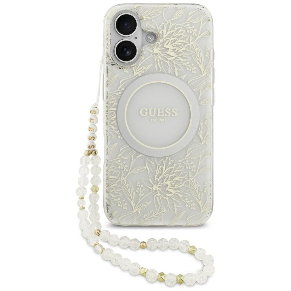 Etui Guess IML Flowers Electro Pearl Strap MagSafe do iPhone 17 biały