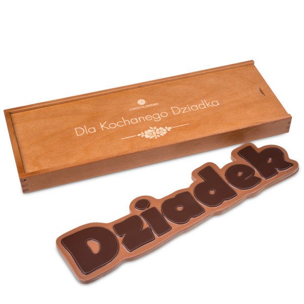 Napis Dziadek z belgijskiej czekolady mlecznej i deserowej wykonanej ręcznie 130 g prezent na Dzień Dziadka z dedykacją