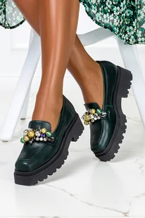 Zielone mokasyny skórzane damskie na platformie z ozdobą PRODUKT POLSKI Casu 1691-O-NO - Mokasyny damskie - miniaturka - grafika 1