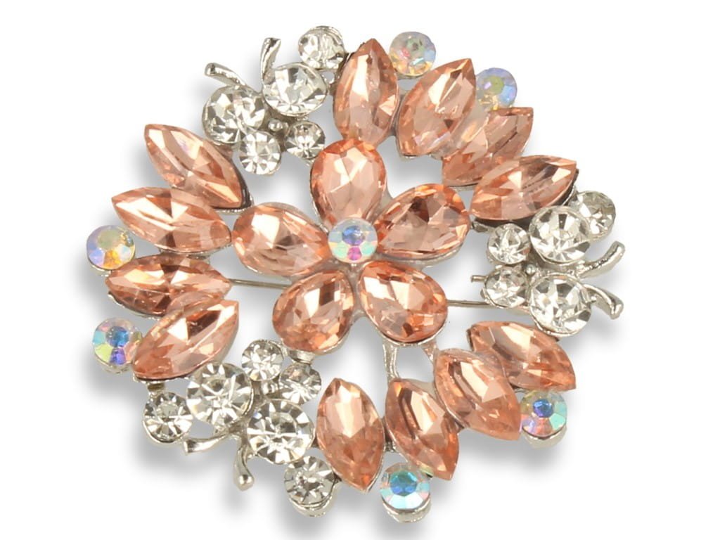 Broszka Damska Srebrna Z Beżowym Kwiatem I Motylkami