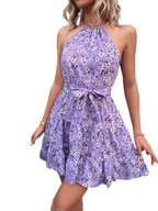 Sukienki - Piękna Damska Sukienka Mini Modna W Kwiaty Fioletowa Purple Wiązana M - miniaturka - grafika 1