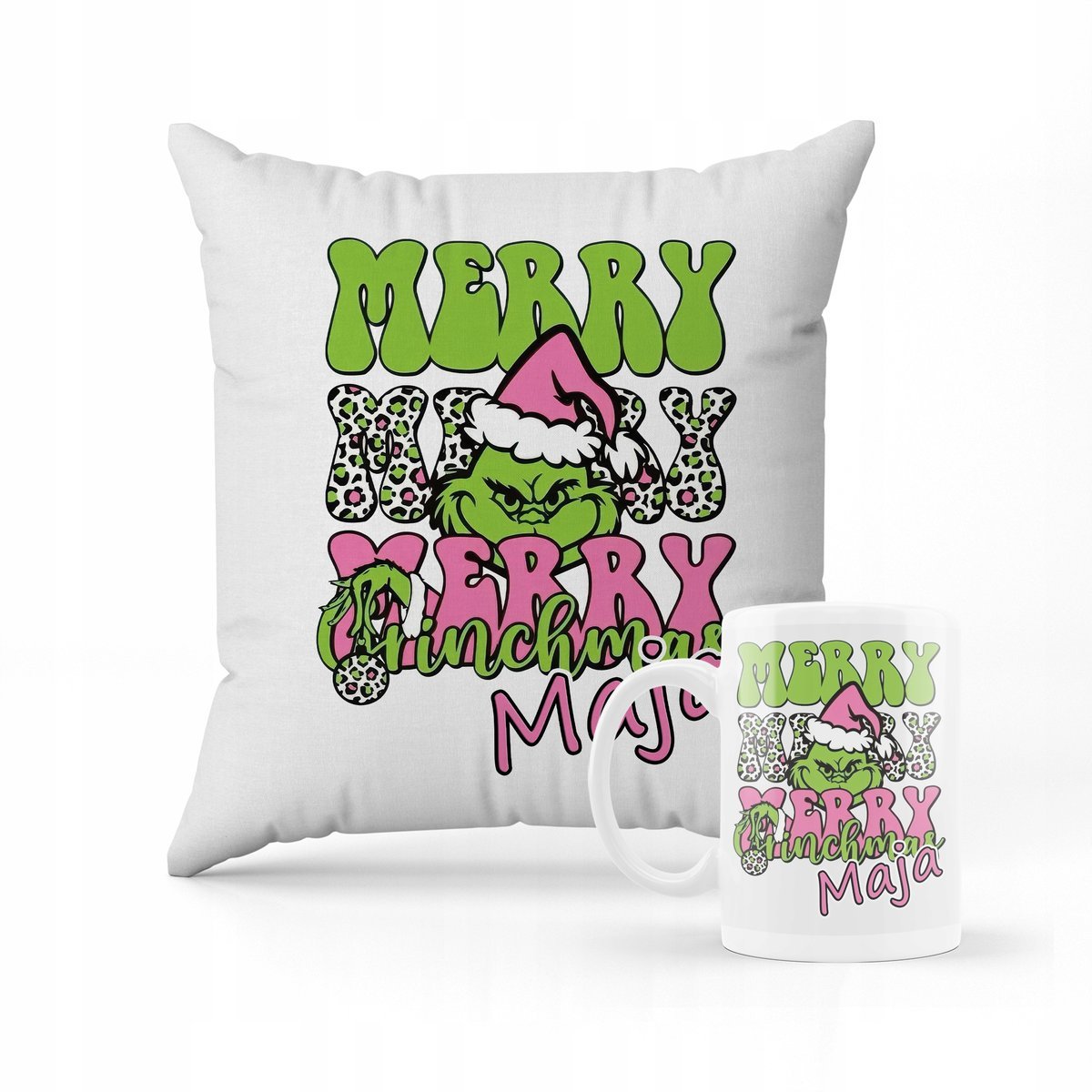ZESTAW PODUSZKA + KUBEK Merry Christmas Grinch święta + IMIĘ