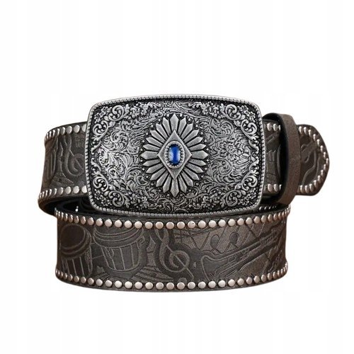 Pas pasek kowbojski szary VINTAGE KLAMRA DŻETY NITY TEXAS KAMIEŃ HIT 120 cm