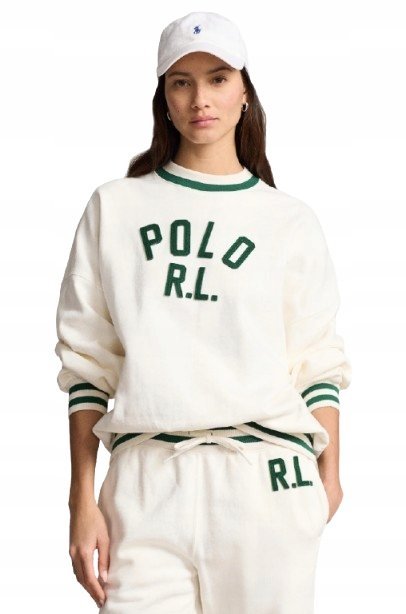 POLO RALPH LAUREN BLUZA BAWEŁNIANA BIAŁA Z ZIELONYMI LAMPASAMI XS I1D