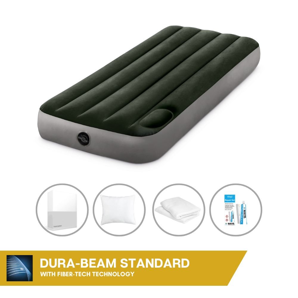 Dmuchane łóżko Intex - 1 osoba - 76 x 191 x 25 cm - Zielony - Z wbudowaną pompką nożną + prześcieradło białe + poduszka + poszewki Molton 2 w 1 + zestaw naprawczy
