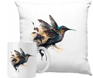 Gadżety dla niej i dla niego - ZESTAW PODUSZKA + KUBEK Ptak Koliber Sztuka Kwiaty Pomysł Na Prezent #2 - miniaturka - grafika 1