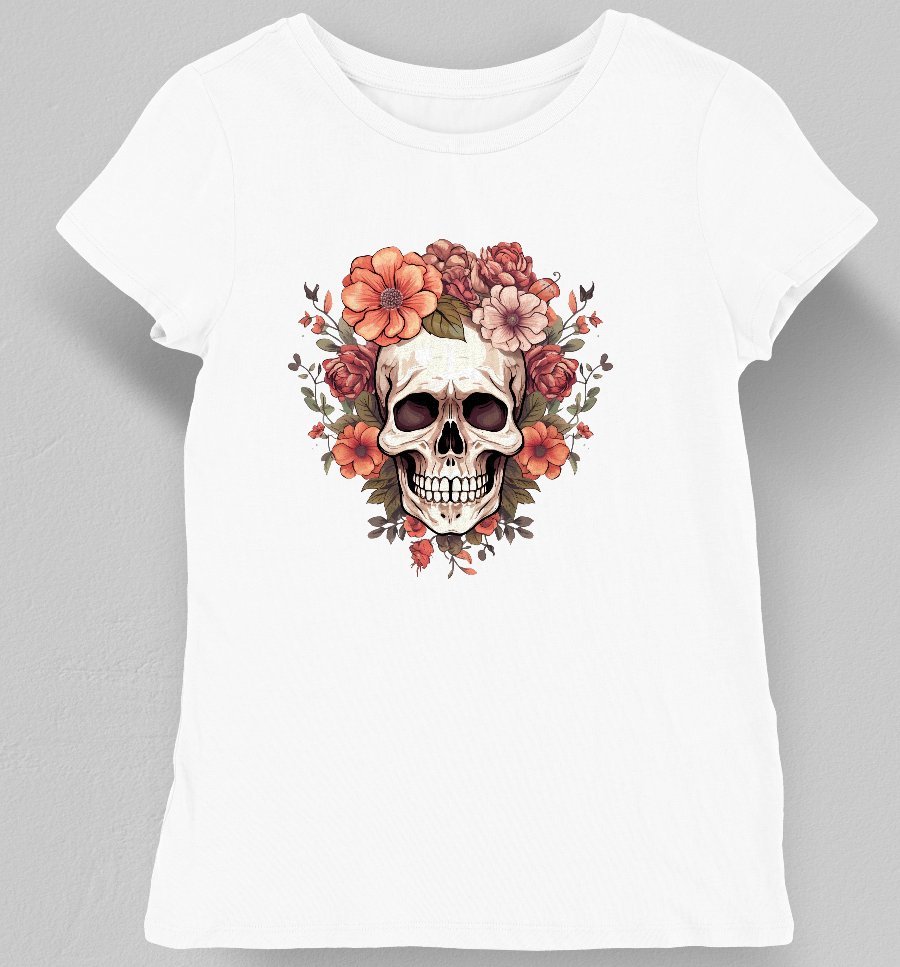 Koszulka damska z czaszką ozdobioną kwiatami biała M