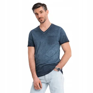 Bawełniany męski t-shirt v-neck efekt sprania granatowy OM-TSWT-0242 V7 S - Koszulki męskie - miniaturka - grafika 1