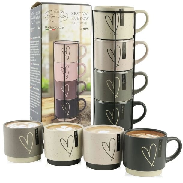 Zestaw Kubków Ceramicznych 400ml 4 Szt Kolorowe Kubki Na Metalowym Stojaku