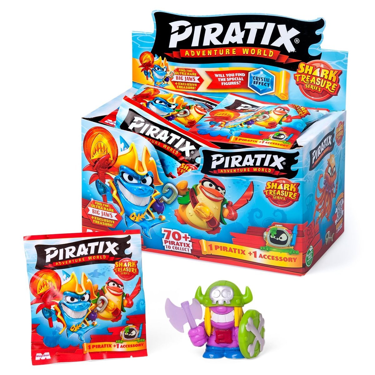 PIRATIX Seria Shark Treasure One Pack 24szt.– Pudełko zawiera 24 saszetki z kolekcjonerskimi figurkami piratów z serii Shark Treasure. Każda saszetk..