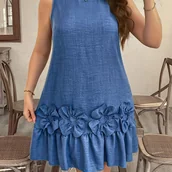 Sukienki - TEMU Elegancka sukienka tunika bez rękawów z detalem falbanek - okrągły dekolt, jednokolorowy, lekki poliestr dla kobiet, idealny na letni modny, - miniaturka - grafika 1