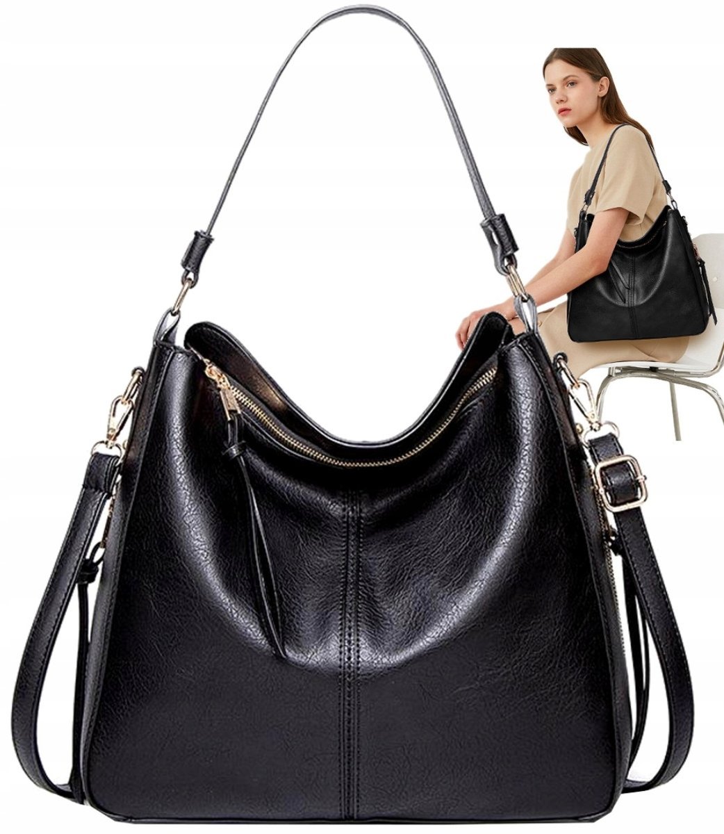 Torebka Skórzana Damska Czarna Miejska Pojemna A4