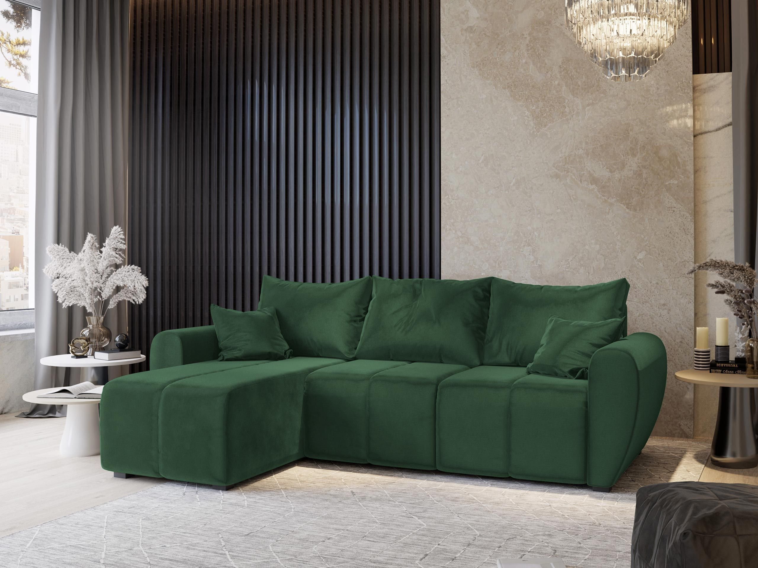 Masseno Narożnik MADISON z funkcją spania i pojemnikiem na pościel Kształt L, Rozkładana sofa, Rogówka - Butelkowa zieleń, KRONOS 19