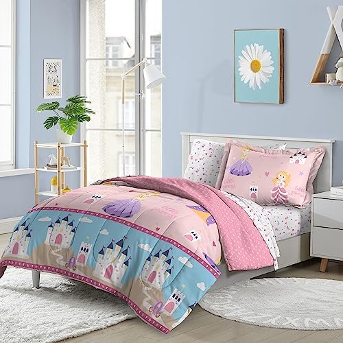 dream FACTORY Kids 5-Piece Complete Bed Set Easy-Wash Super Soft Microfiber Comforter Bedding, Twin, Pink Little Princess