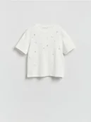 Koszulki i topy damskie - Reserved - T-shirt z imitacją pereł - biały - miniaturka - grafika 1