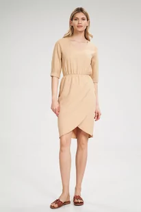 Wiosenna SUKIENKA z dekoltem w serek | rękawy 3/4 | Beżowa M - Sukienki - miniaturka - grafika 1