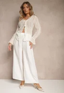 Spodnie damskie - Białe Spodnie Typu Palazzo High Waist o Szerokim Kroju Arathira - miniaturka - grafika 1