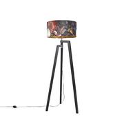 Lampy stojące - QAZQA Lampa podłogowa trójnóg czarna klosz welurowy kwiaty 50cm - Puros - miniaturka - grafika 1