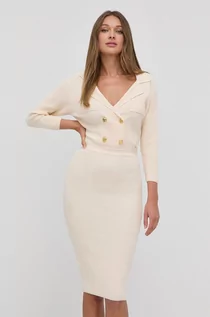 Sukienki - Elisabetta Franchi sukienka kolor beżowy mini dopasowana - grafika 1