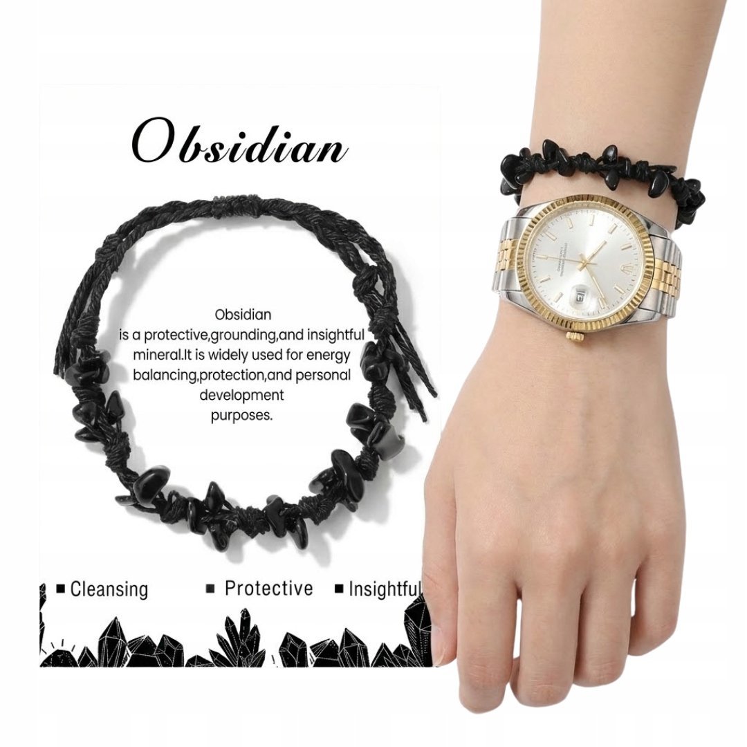 Bransoletka Obsydian z Naturalnych Kamieni Sznurkowa Regulowana