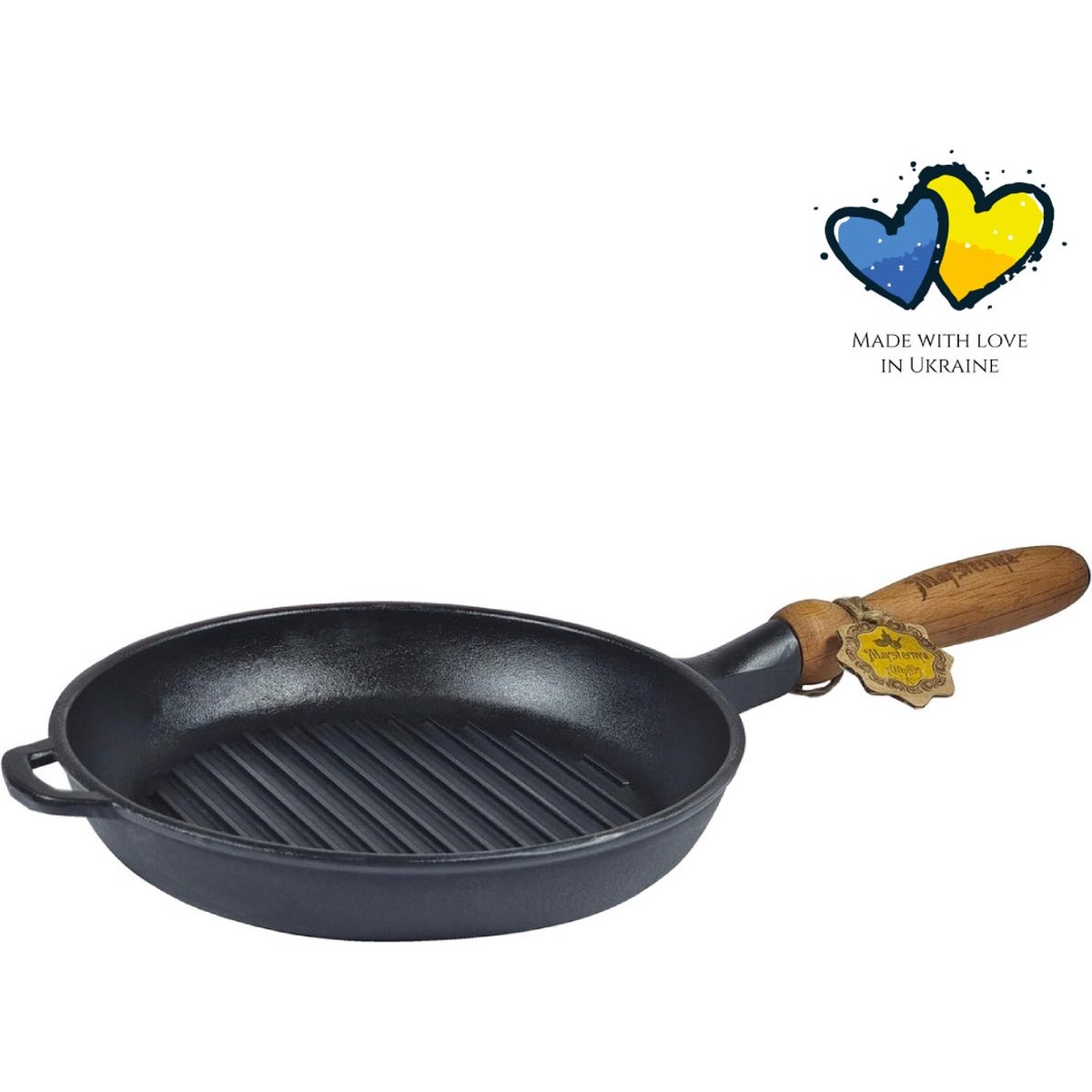 Żeliwna patelnia grillowa z drewnianym uchwytem - ø 24 x 4 cm - indukcja - żeliwo - grillowanie - profesjonalna patelnia - czarny