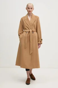 Tommy Hilfiger płaszcz wełniany kolor beżowy przejściowy dwurzędowy WW0WW43602 - Płaszcze damskie - miniaturka - grafika 1