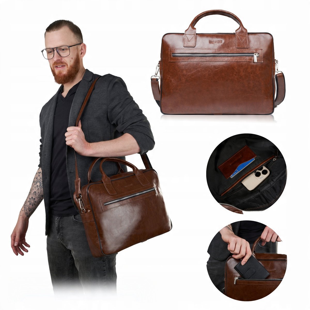 Torba Męska Skórzana Na Laptop Brodrene Brązowa Na Ramię Do Pracy A4