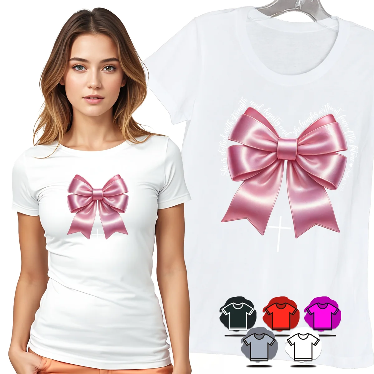 KOSZULKA DAMSKA T-SHIRT - RÓŻOWA SATYNOWA KOKARDKA ELEGANCKI PREZENT - L