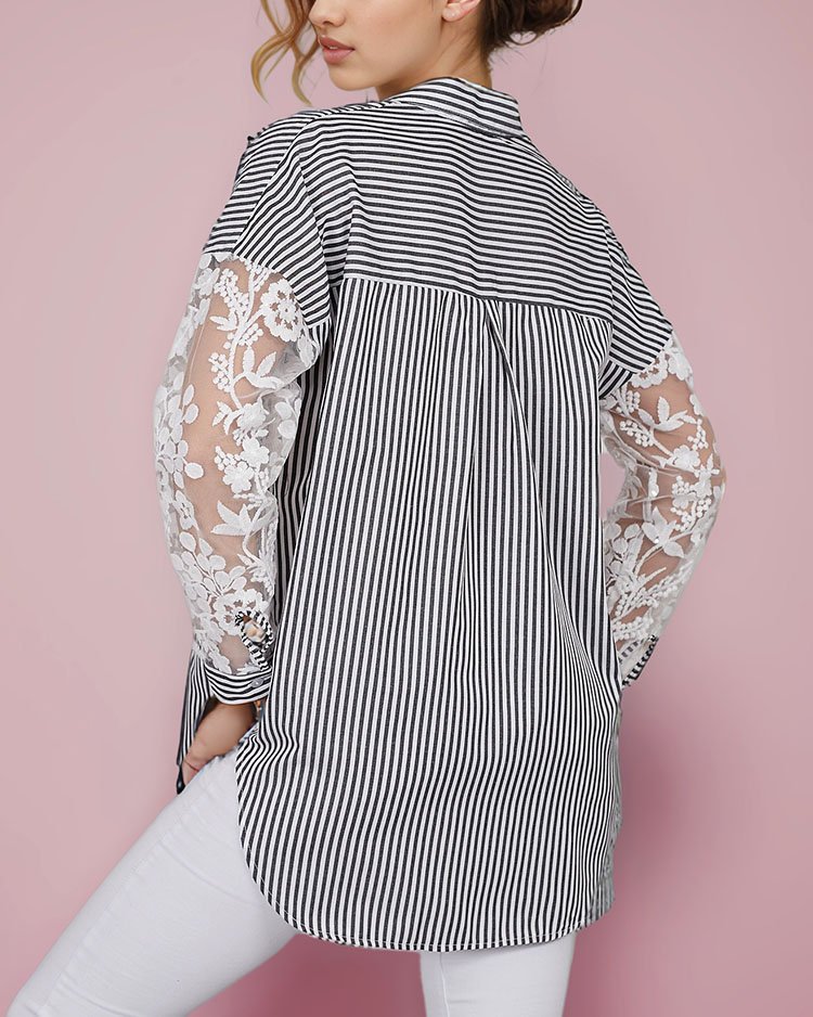 Royalfashion Koszula damska w paski z koronką-S - 36