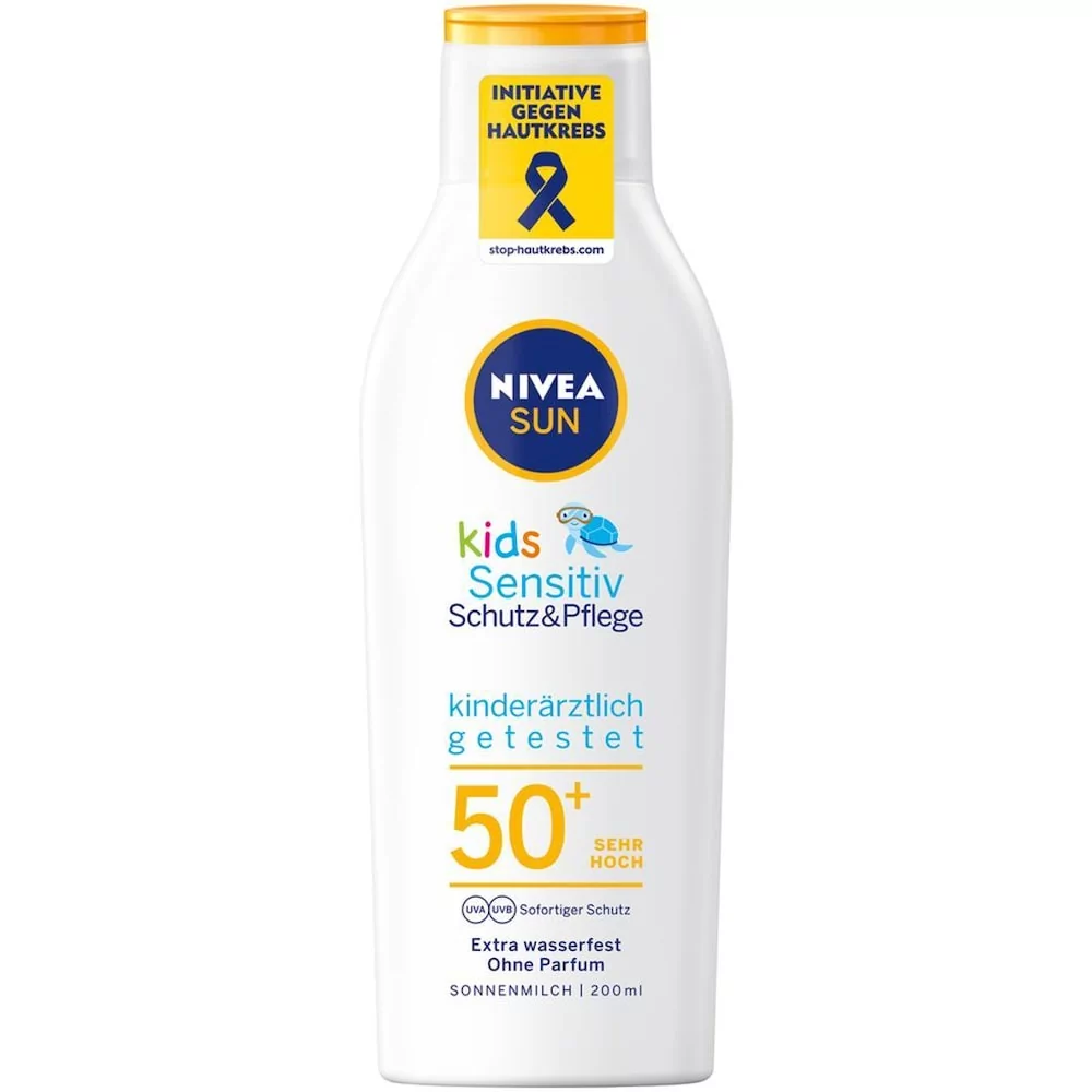Nivea Sun Kids Sensitiv ochrona i pielęgnacja, mleczko do opalania LSF 50+ (200 ml), bardzo odporny na działanie wody krem przeciwsłoneczny z LSF 50+, balsam do opalania dla wrażliwej skóry dziecka