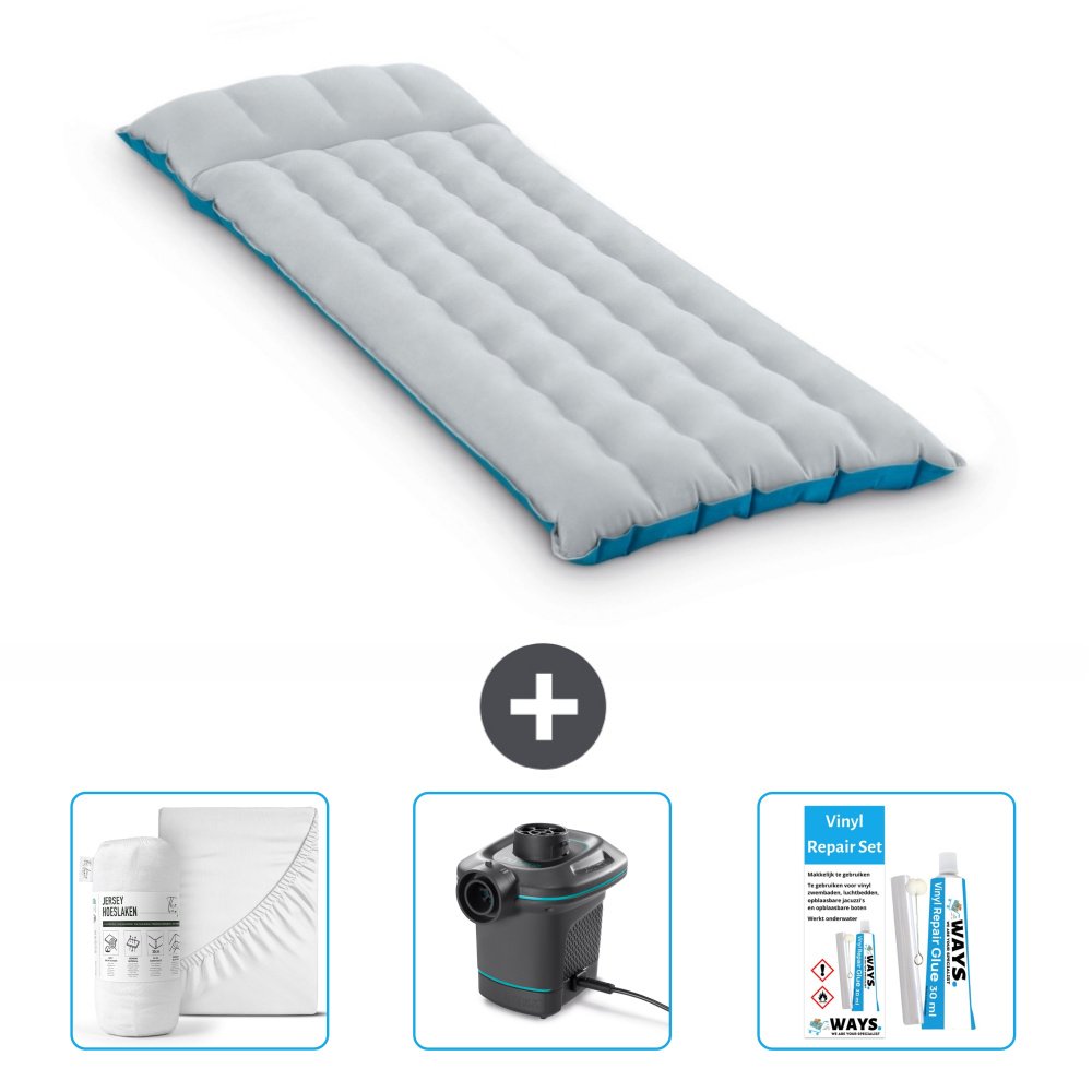 Mata kempingowa Intex - 1 osoba - 67 x 184 x 17 cm - niebieska - zawiera prześcieradło - pompkę i zestaw naprawczy