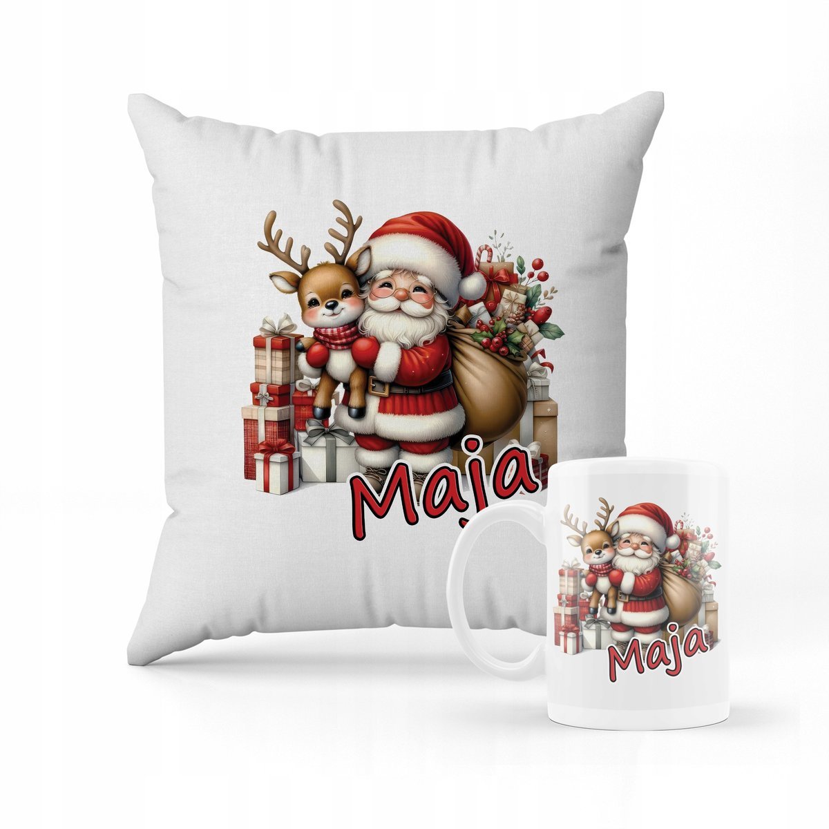 ZESTAW PODUSZKA + KUBEK Merry Christmas Gwiazdor + IMIĘ