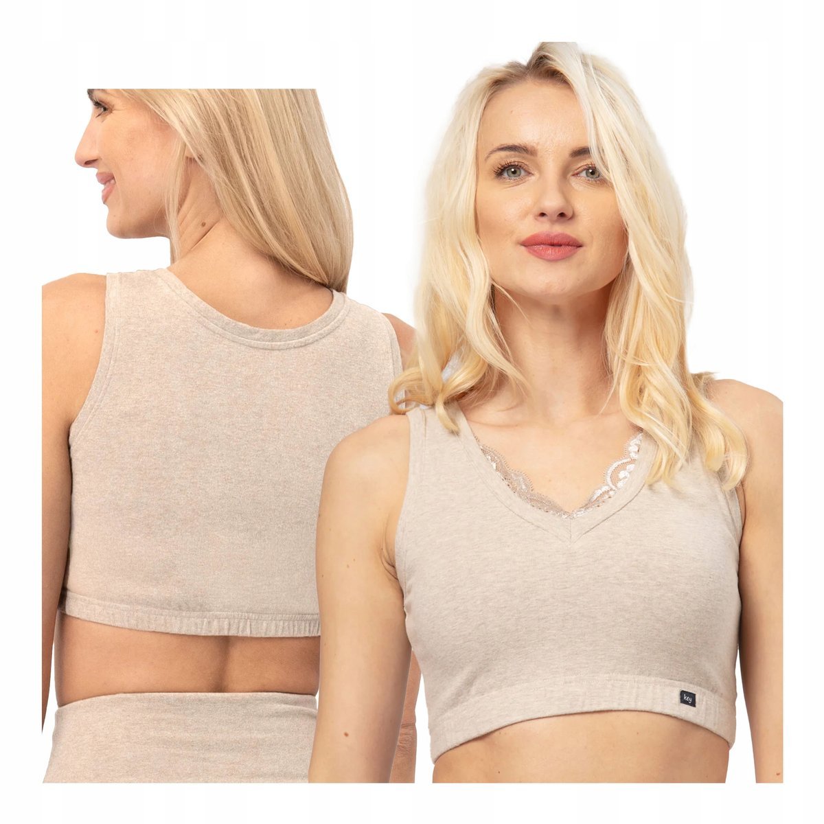 Crop top damski bawełniany sportowy na ramiączkach L z koronką beżowy Key