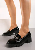 Mokasyny damskie - Czarne Mokasyny na Niskim Słupku Ozdobione Klamerką Kieriasa - miniaturka - grafika 1