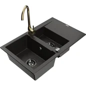 Zlewozmywaki z baterią - Mexen Gaspar zlewozmywak granitowy 1,5-komorowy z ociekaczem i baterią kuchenną Telma, czarny/złoty - miniaturka - grafika 1