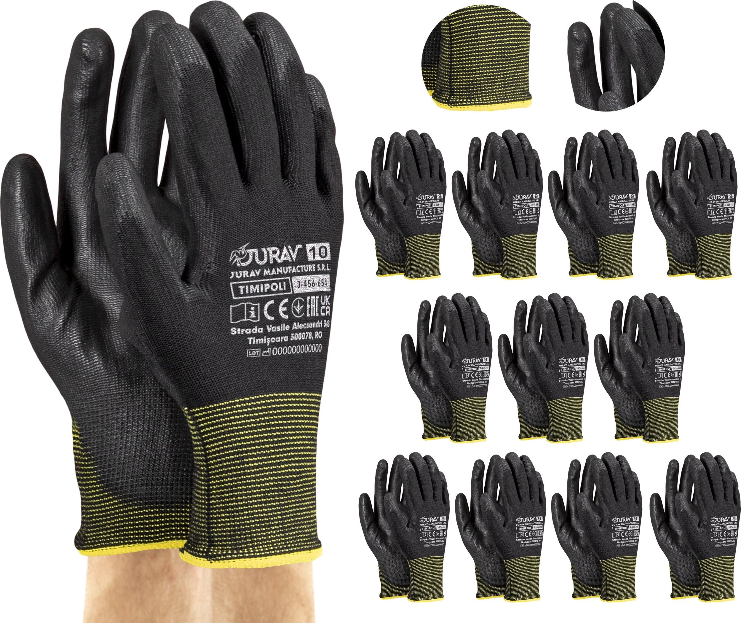 Rękawice Robocze Czarne J-TIMIPOLI_BB - 12 Par 10 - XL