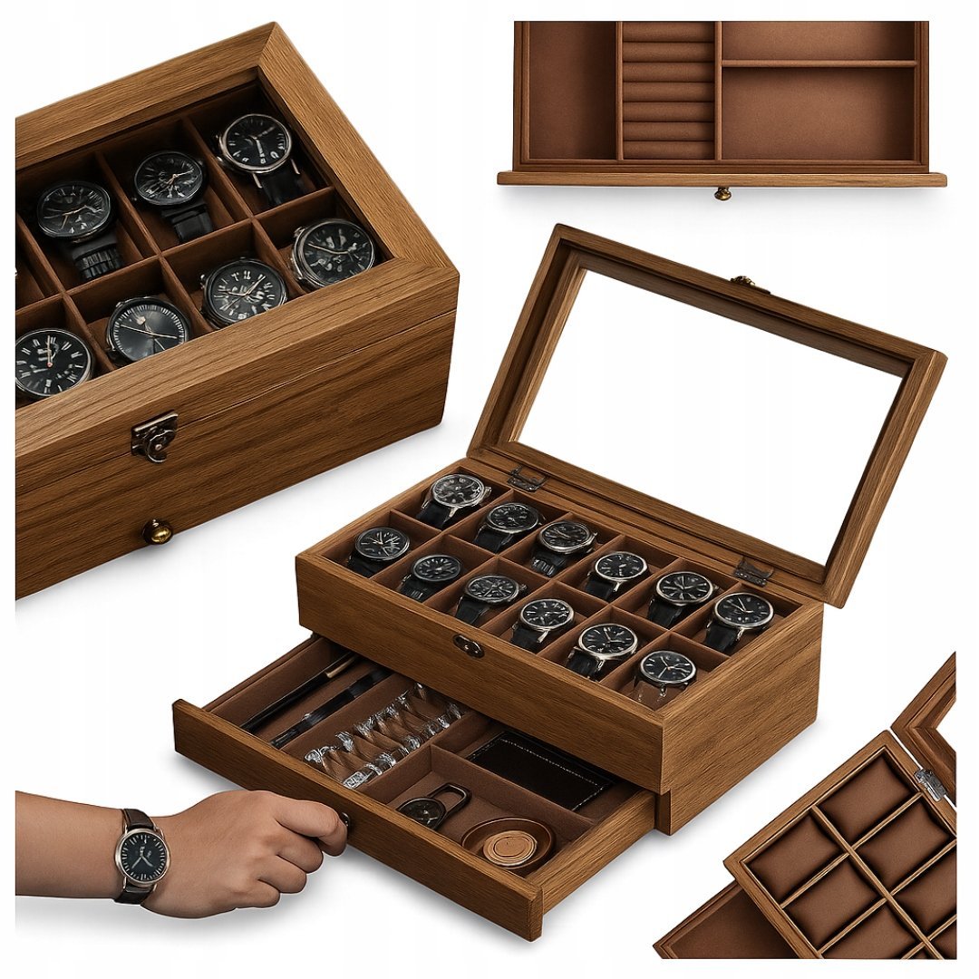 DREWNIANE PUDEŁKO NA BIŻUTERIĘ Z AKSAMITNĄ TACĄ ORGANIZER 2-POZIOMOWY ETUI