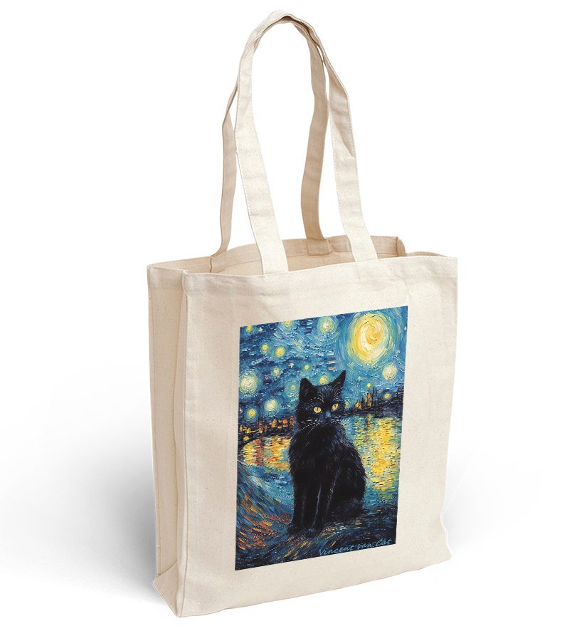 Torba bawełniana z nadrukiem czarny kot w gwieździstą noc Vincent van Cat