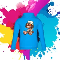 Bluzy dla dziewczynek - Bluza dziecięca typu kangurka z kapturem w kolorze błękitnym z nadrukiem miś Edzio 4 lata - miniaturka - grafika 1