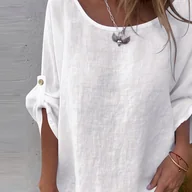 Koszule damskie - TEMU Jednokolorowa, regulowana bluzka z rękawem 3/4, elegancka bluzka z okrągłym dekoltem na wiosnę i jesień, odzież damska - miniaturka - grafika 1