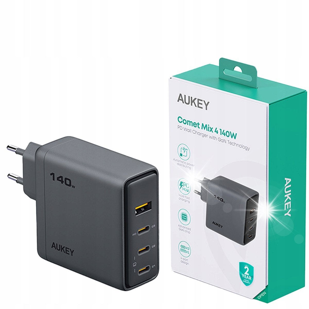 ŁADOWARKA SIECIOWA AUKEY podróżna kompaktowa 140W 1x USB-A 3x USB-C GaN