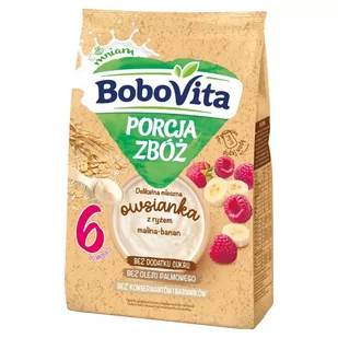 BoboVita Porcja zbóż Delikatna mleczna owsianka z ryżem malina-banan po 6 miesiącu 210 g - Kaszki dla dzieci - miniaturka - grafika 1